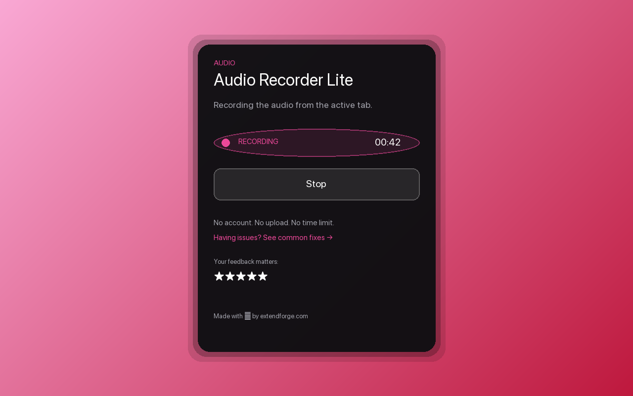 Audio Recorder Lite Chrome extension screenshot showing the popup interface