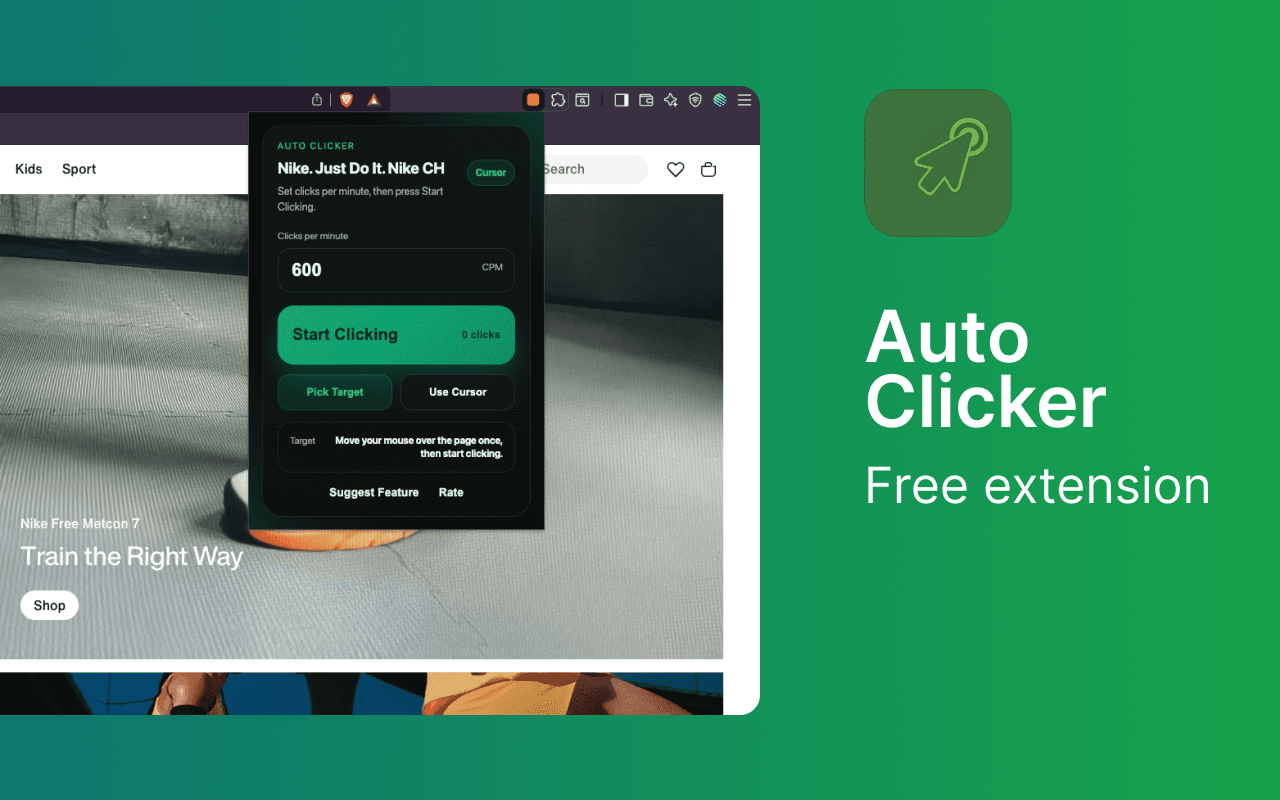 Auto Clicker Chrome extension screenshot showing the popup interface