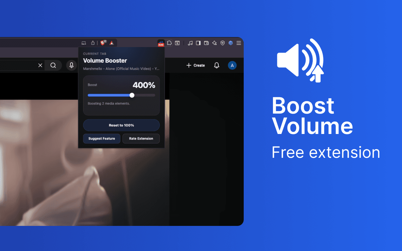 Volume Booster Chrome extension screenshot showing the popup interface