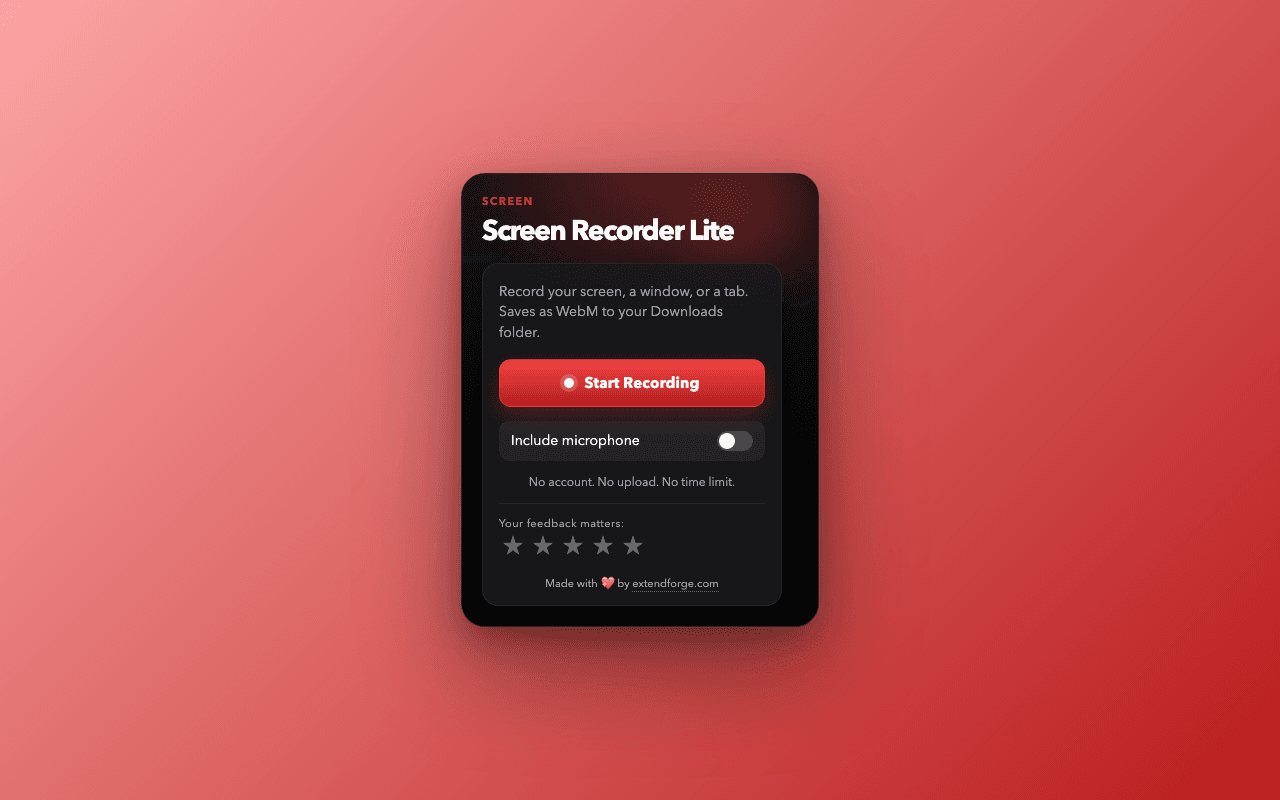 Screen Recorder Lite Chrome extension screenshot showing the popup interface