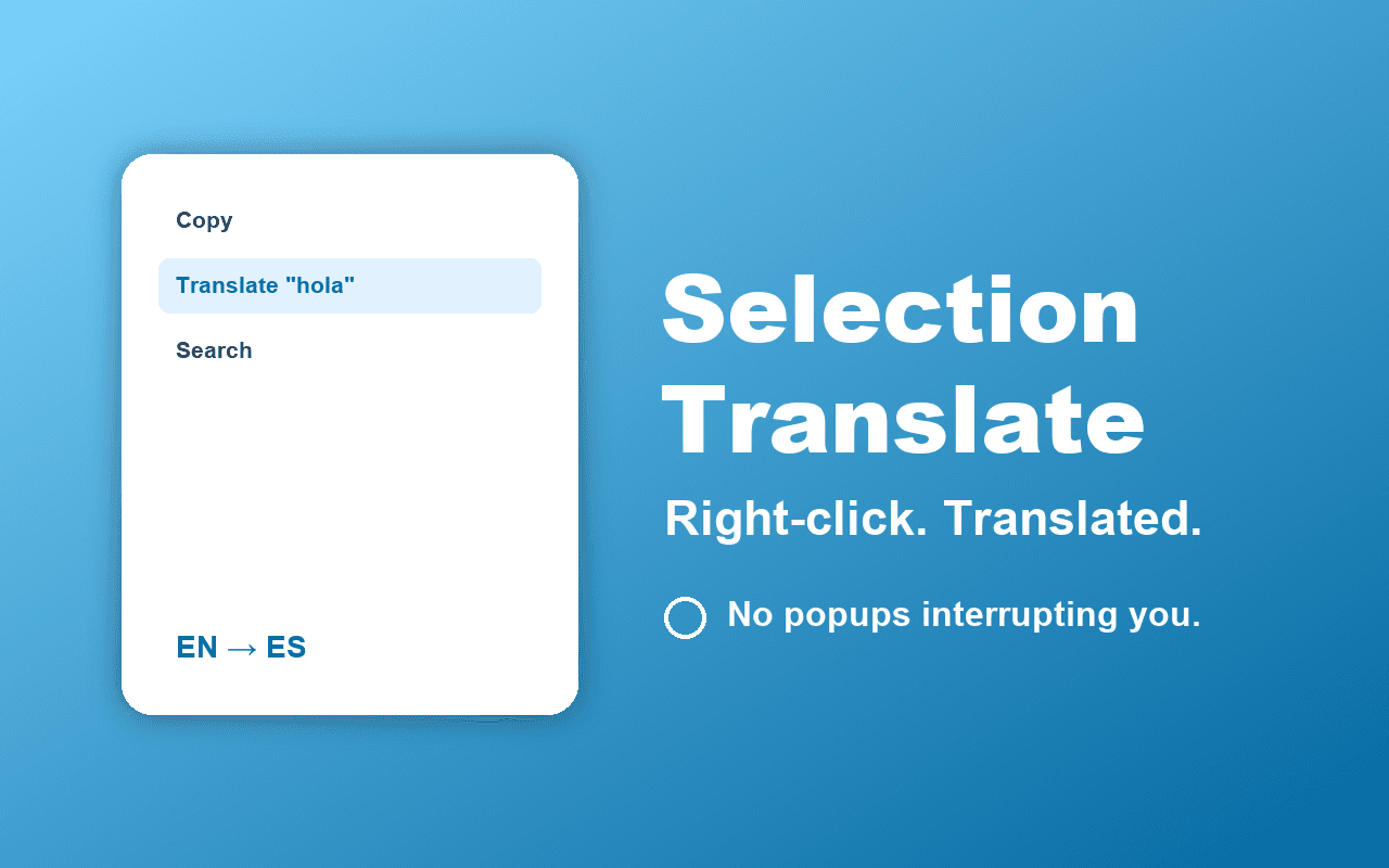Selection Translate Chrome extension screenshot showing the popup interface