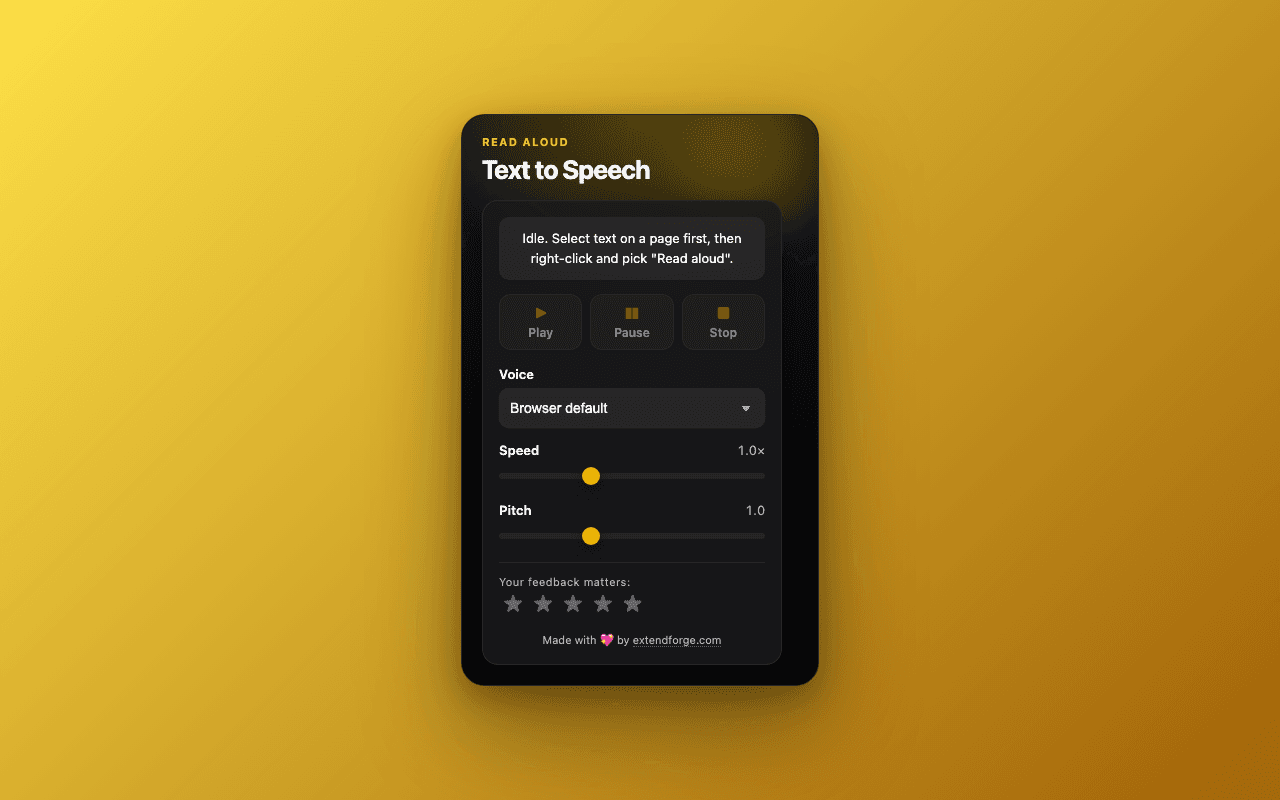 Text to Speech Chrome extension screenshot showing the popup interface