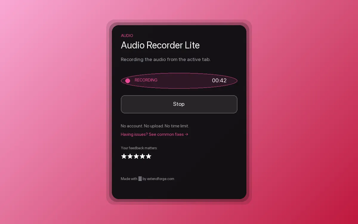 Audio Recorder Lite Chrome extension screenshot showing the popup interface