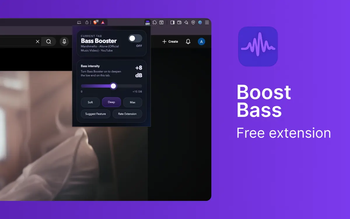 Bass Booster Chrome extension screenshot showing the popup interface