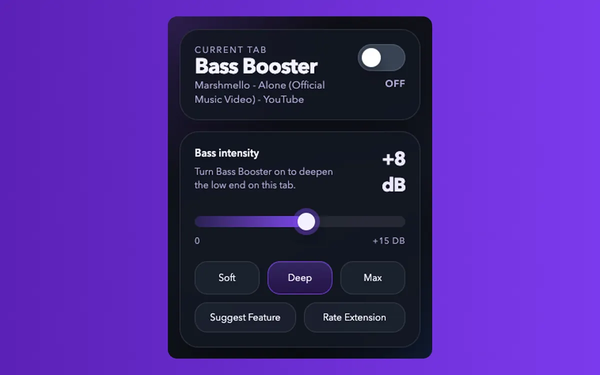 Bass Booster Chrome extension screenshot showing the popup interface
