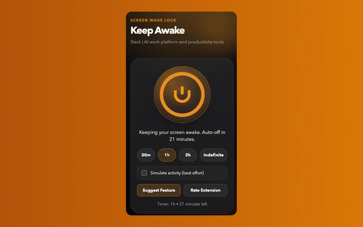Keep Awake Chrome extension screenshot showing the popup interface