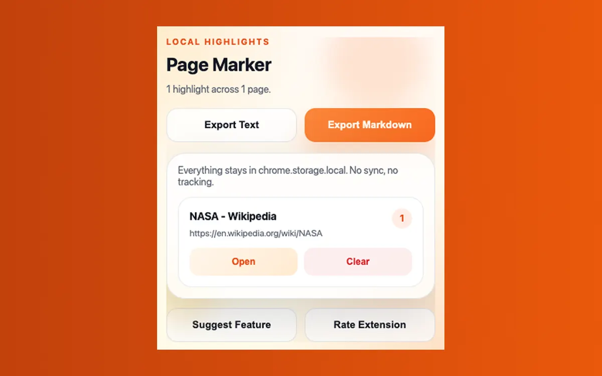 Page Marker Chrome extension screenshot showing the popup interface