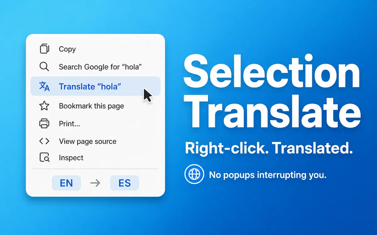 Selection Translate Chrome extension screenshot showing the popup interface