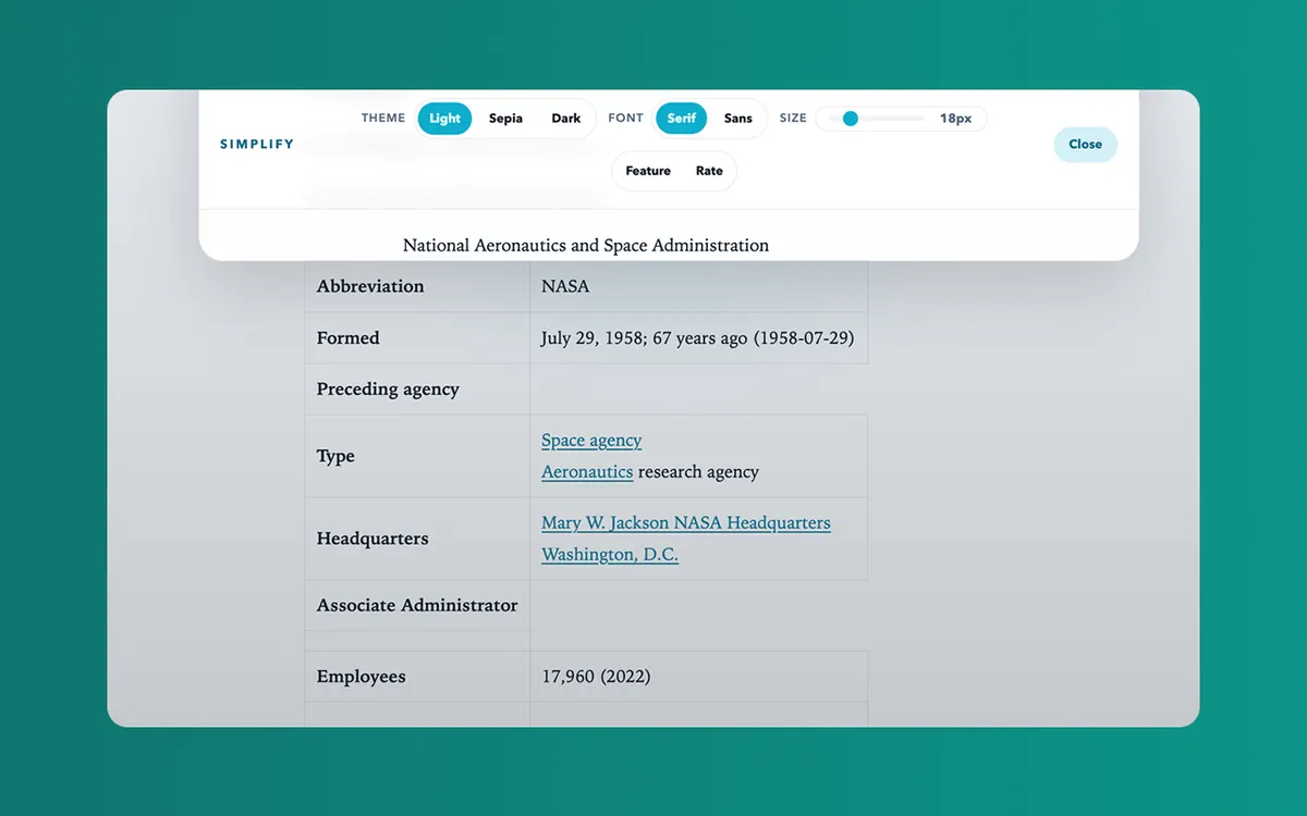 Simplify Chrome extension screenshot showing the popup interface
