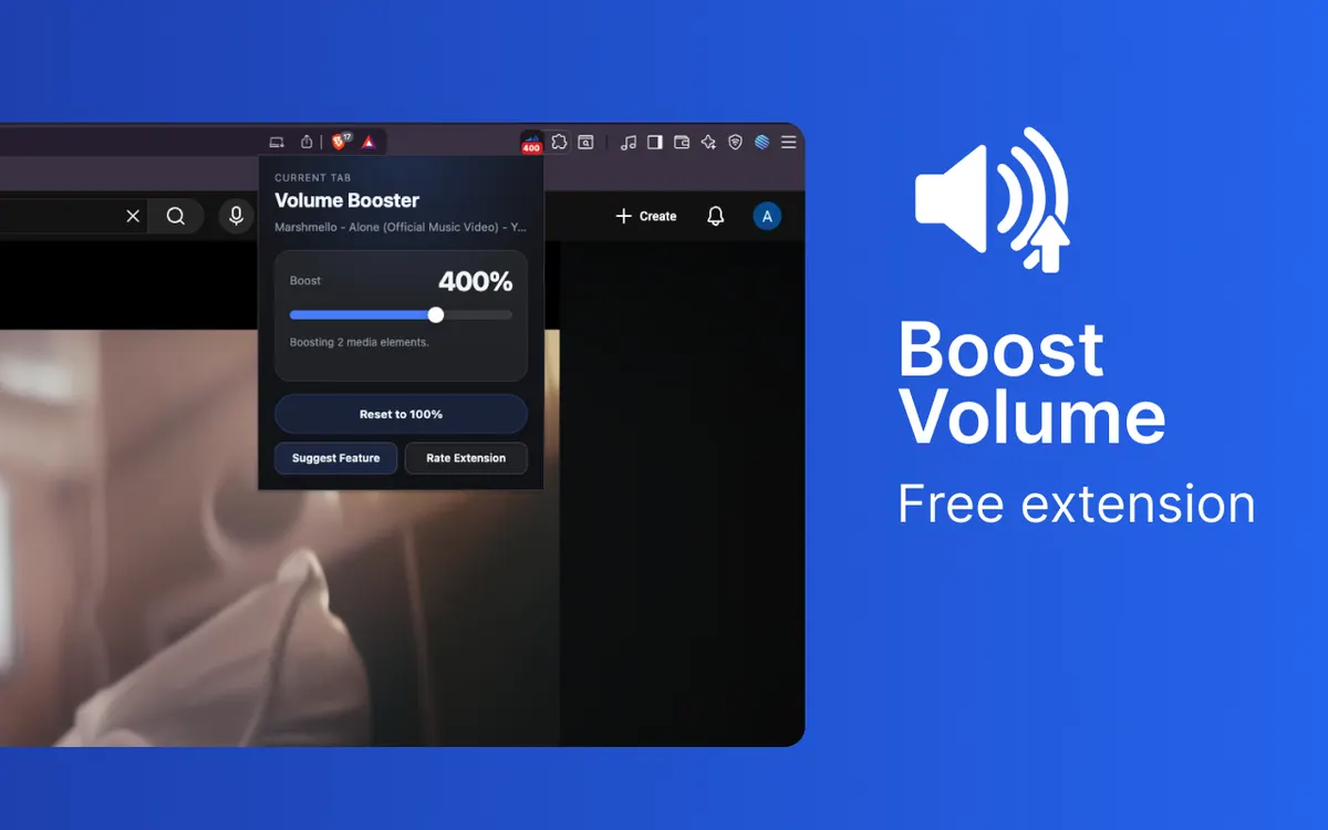 Volume Booster Chrome extension screenshot showing the popup interface