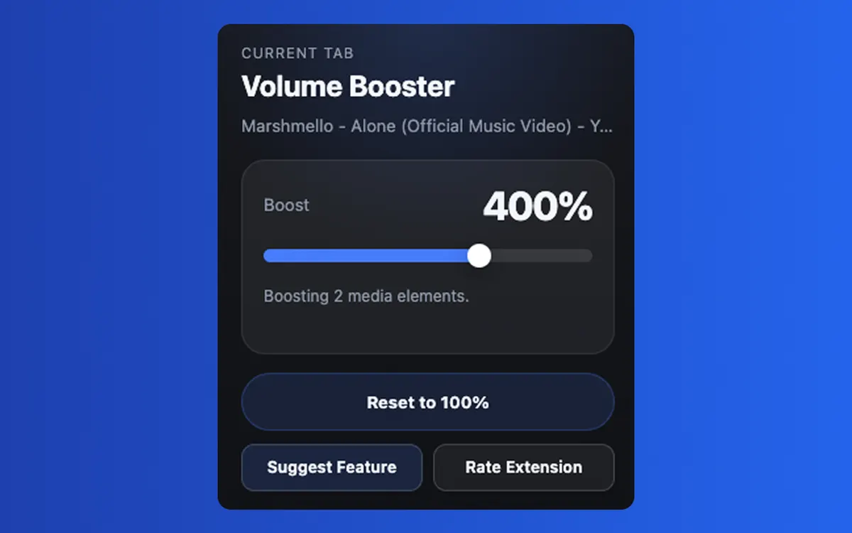 Volume Booster Chrome extension screenshot showing the popup interface